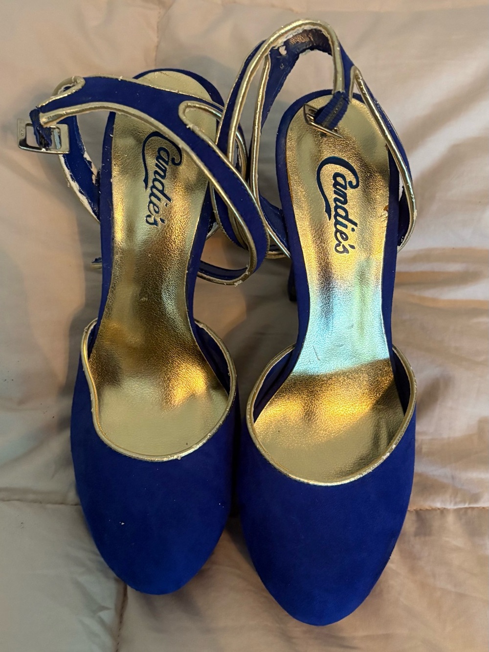 Candie's Cobalt Blue Suede Ankle-Strap Heels with Gold Trim